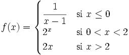 f(x) = \begin{cases} \cfrac{1}{x-1} & \mbox{si }x \le 0 \\  2^x & \mbox{si } 0<x<2 \\  2x & \mbox{si } x>2 \end{cases}