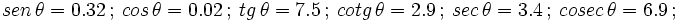 sen\,\theta=0.32\,; \ cos\,\theta=0.02\,; \ tg\,\theta=7.5\,; \ cotg\,\theta=2.9\,; \ sec\,\theta=3.4\,; \ cosec\,\theta=6.9\,; \