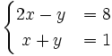 \begin{cases}2x-y & = 8 \\ ~x+y & = 1 \end{cases}