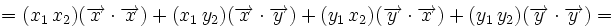 =(x_1 \, x_2)(\overrightarrow{x} \cdot \overrightarrow{x})+(x_1 \, y_2)(\overrightarrow{x} \cdot \overrightarrow{y})+(y_1 \, x_2)(\overrightarrow{y} \cdot \overrightarrow{x})+(y_1 \, y_2)(\overrightarrow{y} \cdot \overrightarrow{y})=
