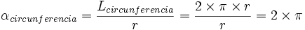 \alpha_{circunferencia}=\frac {L_{circunferencia}}{r} =\frac {2 \times \pi \times r}{r}=2 \times \pi